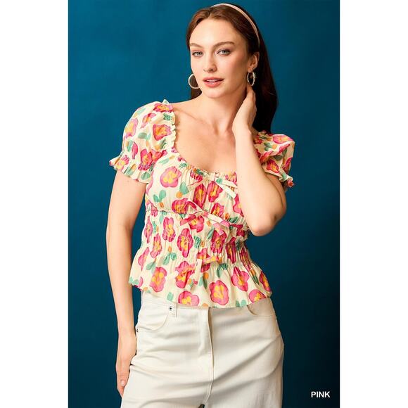 UMGEE Cream Pink Floral Smocked Peplum Short Sleeve Blouse Top NEW - Picture 3 of 7